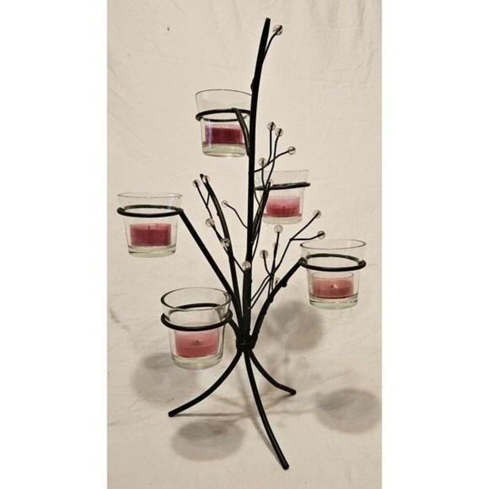 Vintage 14.5" Tall 5 Tealight Tree Candelabra Holder Iron Metal 5 Glass Holders